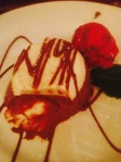 Fabulous vanilla and chocolate eggless custard dessert with raspberry sorbet - Becco's